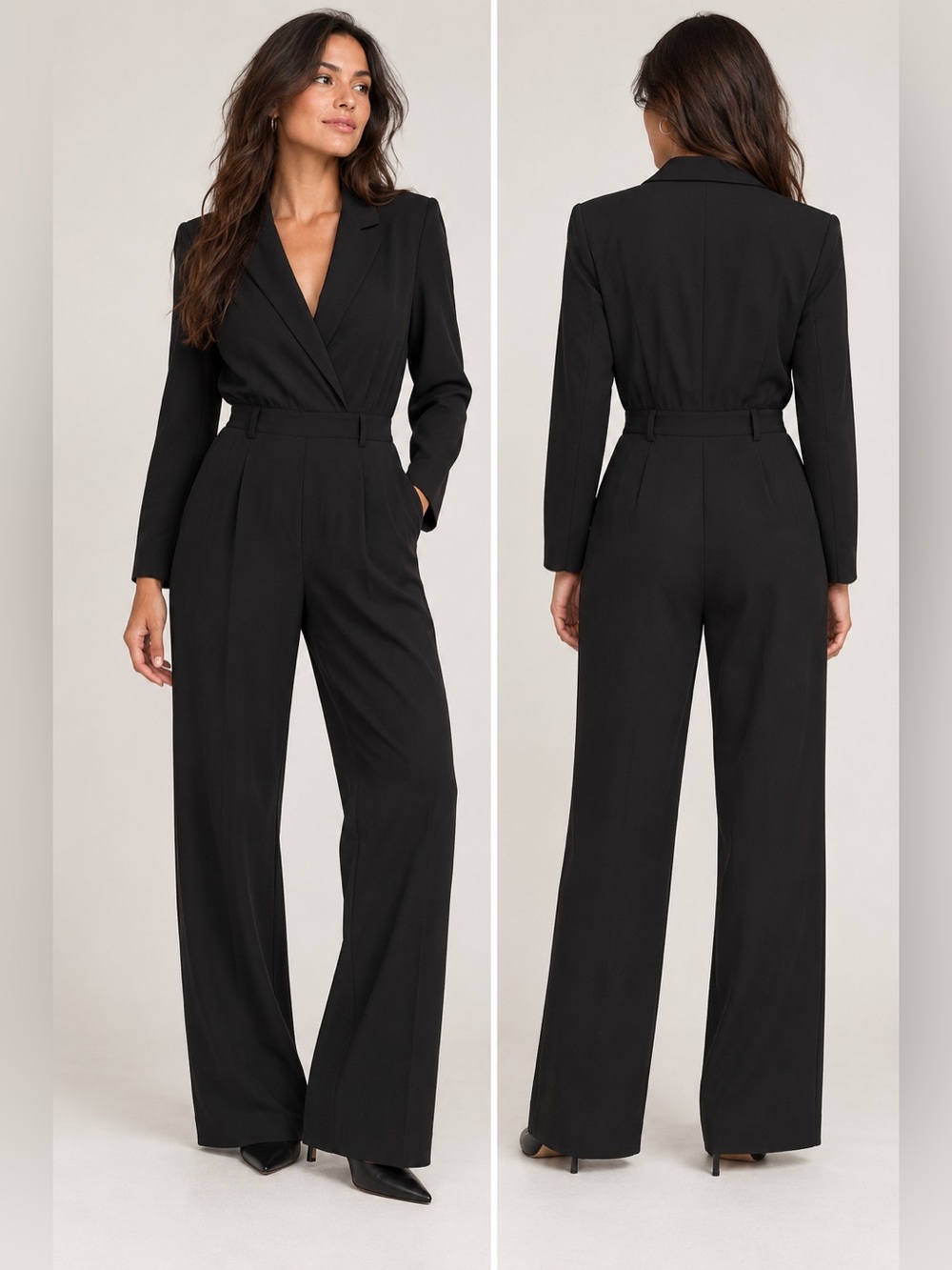 H&M Black Tuxedo Blazer Jumpsuit Wide Leg Belted Style Size 6